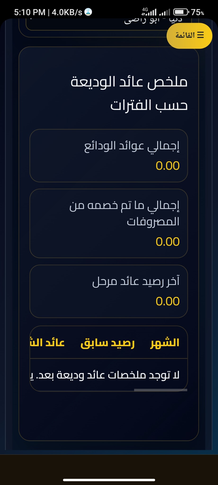 ملخص عائد وديعة البنك